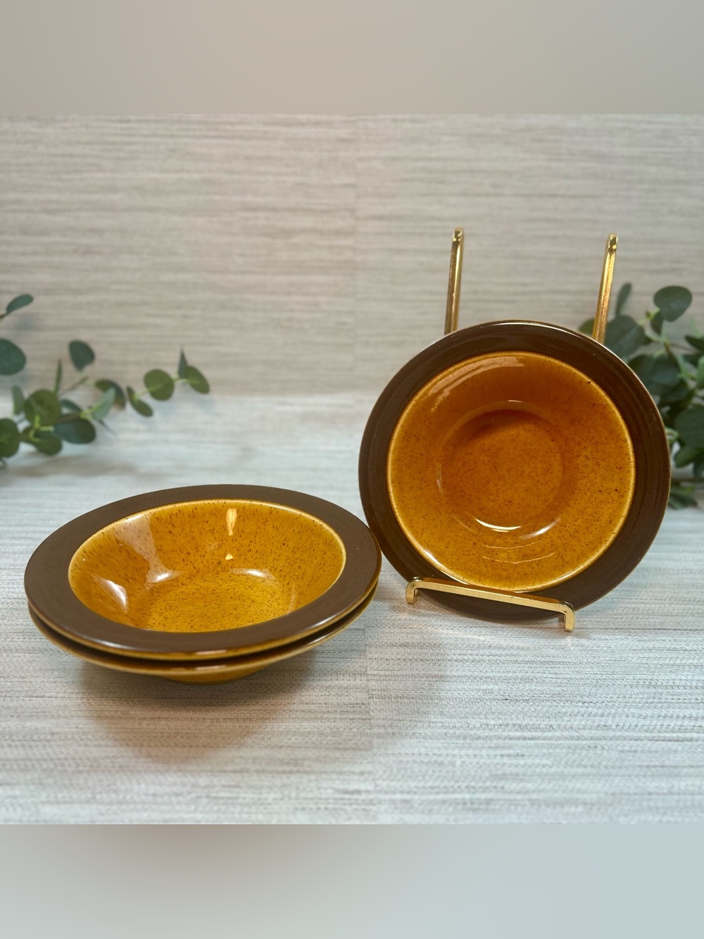 Vintage 1970s Stoneware Bowls Set of 3 Harvest Gold Brown Speckled MCM